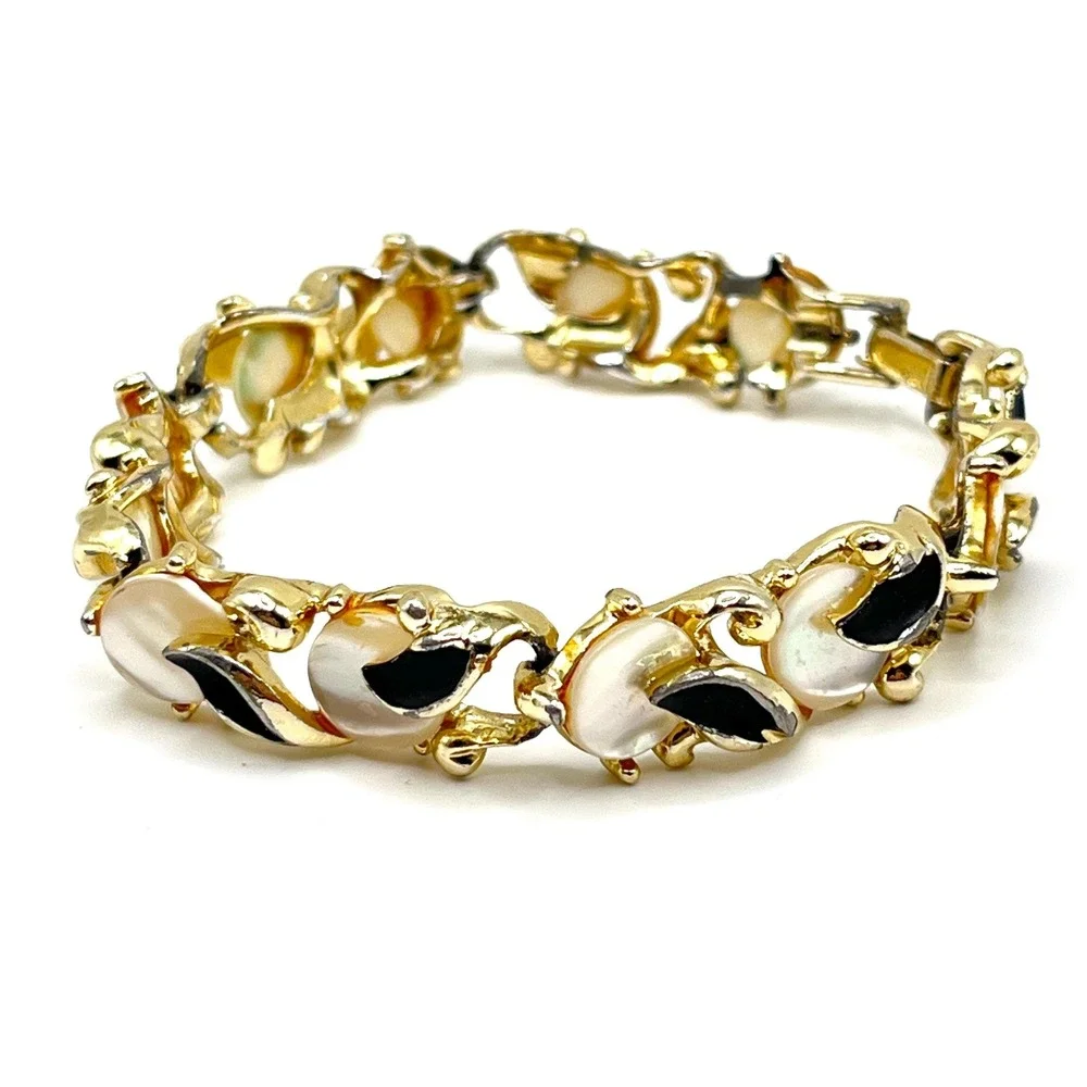 Vintage Black Enamel and Mother of Pearl Shell Inlay MCM Gold Tone Link Bracelet